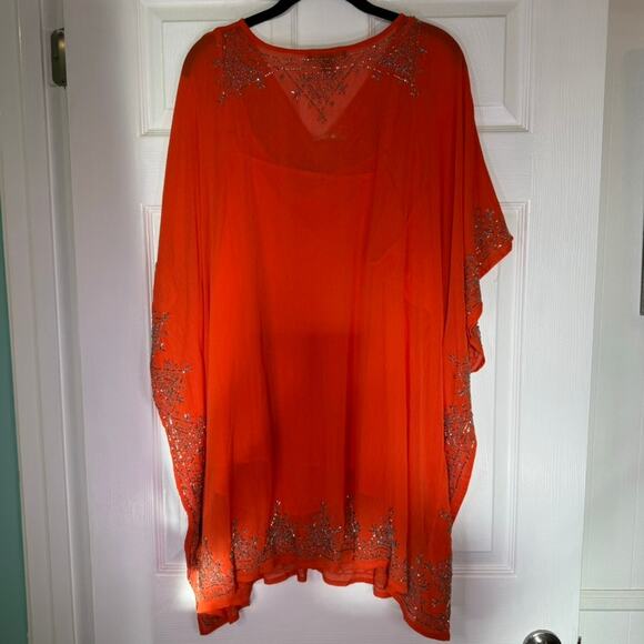 Roaman's Orange Beaded Caftan Top 2PC Set Plus 22/24 1X Sheer Tunic India - Picture 2 of 10